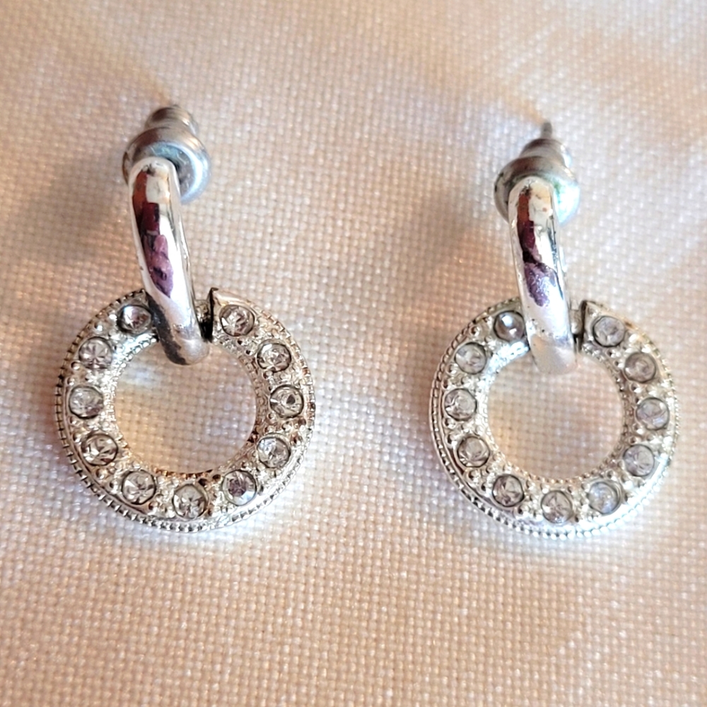 Crystal and Silver Stud Dangle Earrings EUC